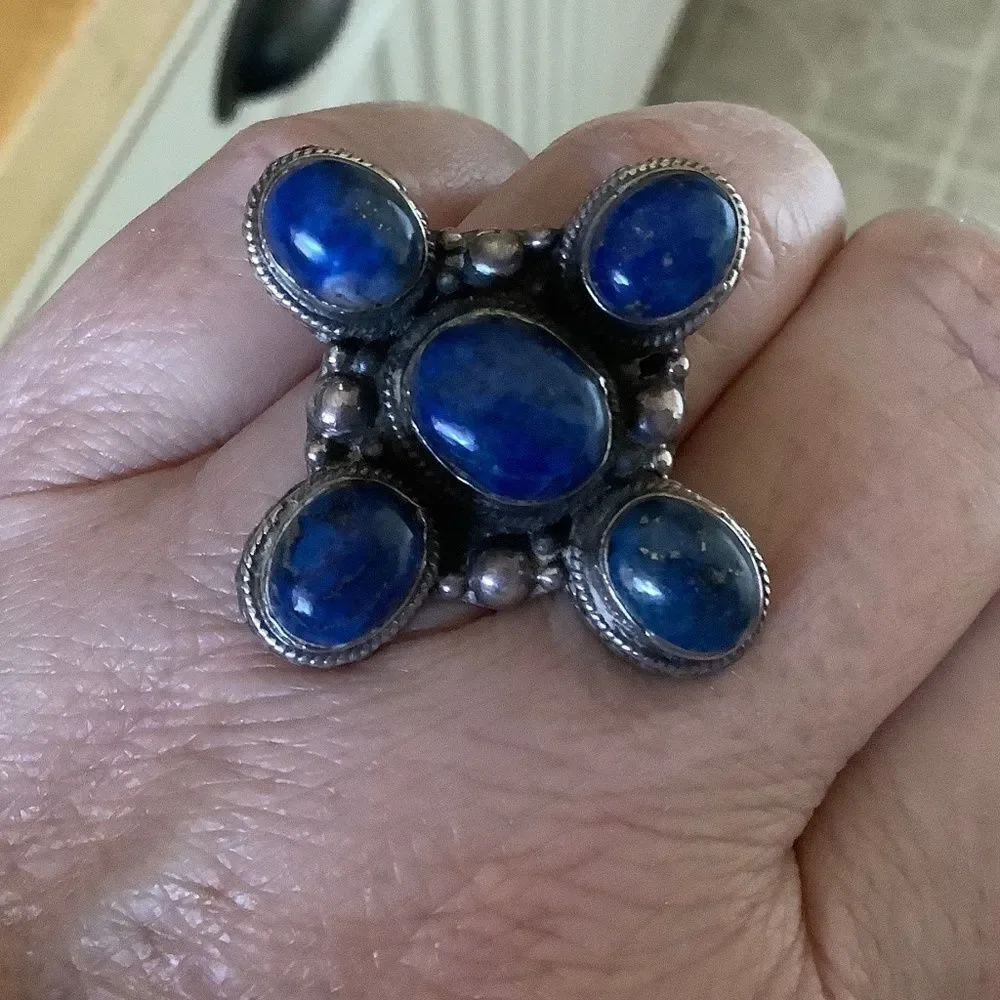 𝅺sterling SILVER 925 VINTAGE LAPIS LAZULI WOMAN RING SIZE US 7.5​​